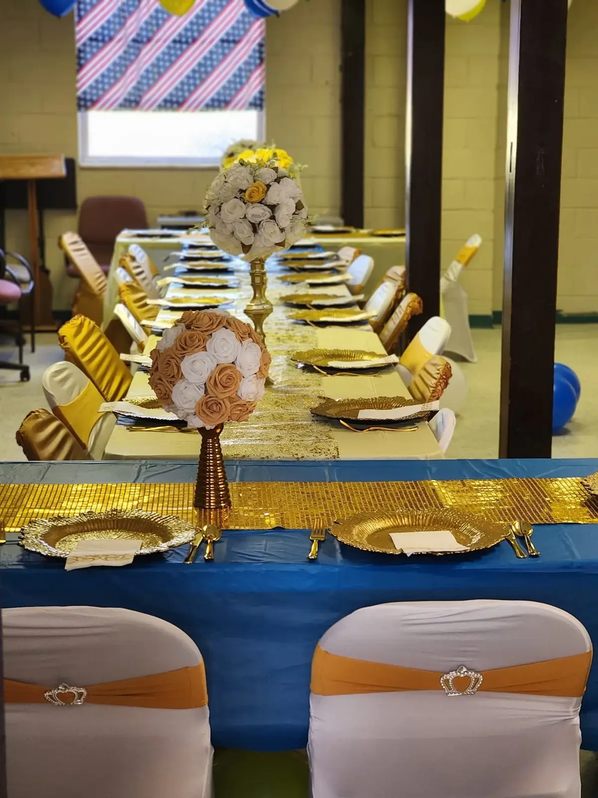 Gold chargers, floral details and colorful celebration table styling